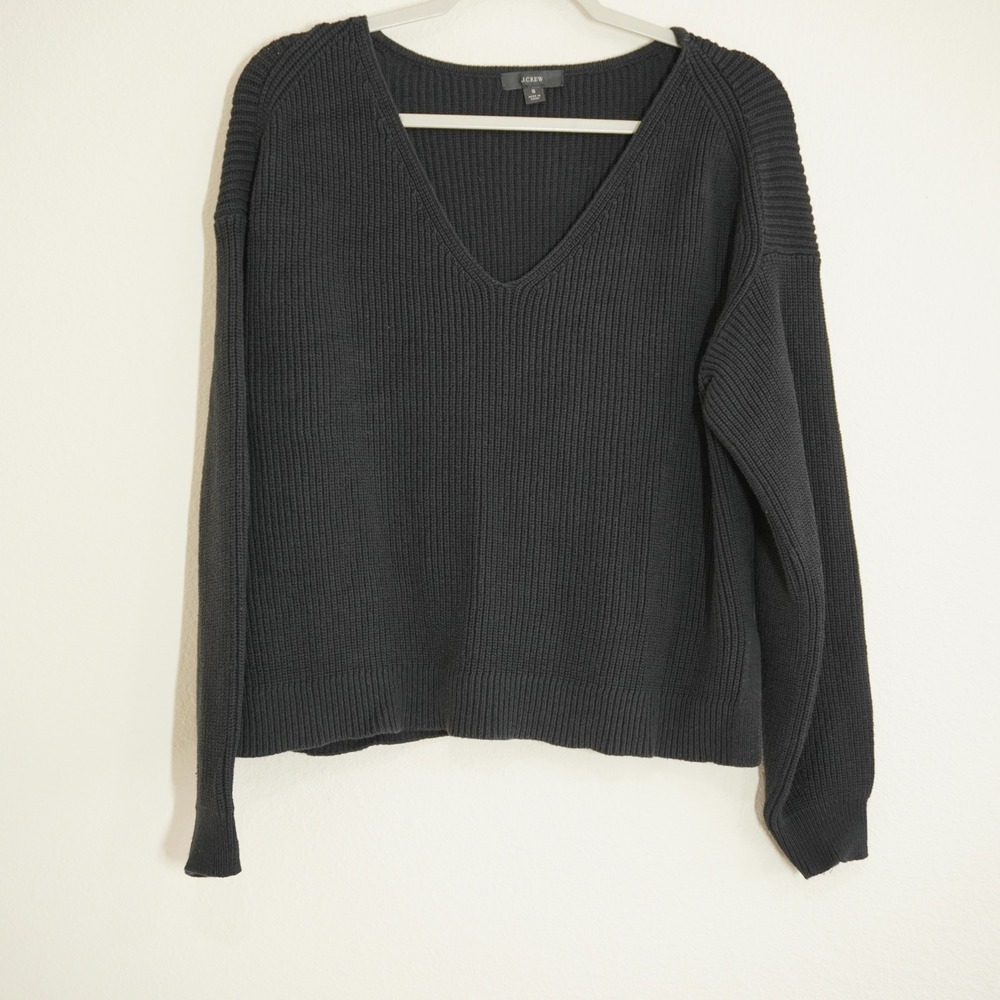J. Crew Women's Size Small Black Ribbed V-Neck Sweater Shaker Pullover Coastal